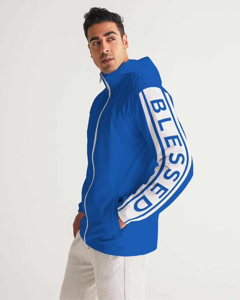 Men's Hooded Windbreaker in Blue with Blessed Sleeve Stripe, showcasing a stylish and functional design for windy and rainy weather.