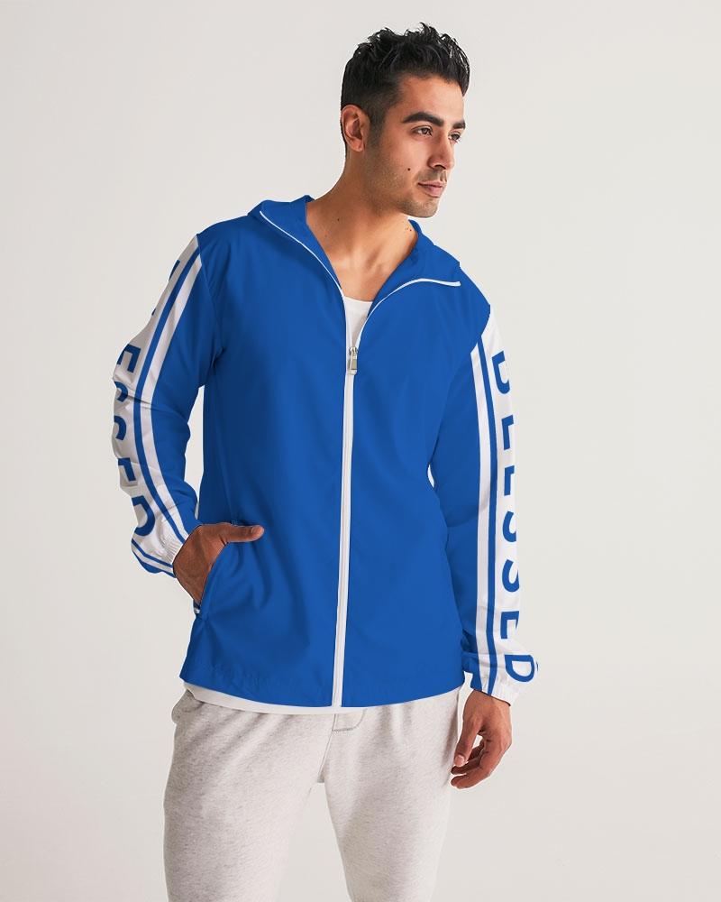 Men's Hooded Windbreaker in Blue with Blessed Sleeve Stripe, showcasing a stylish and functional design for windy and rainy weather.