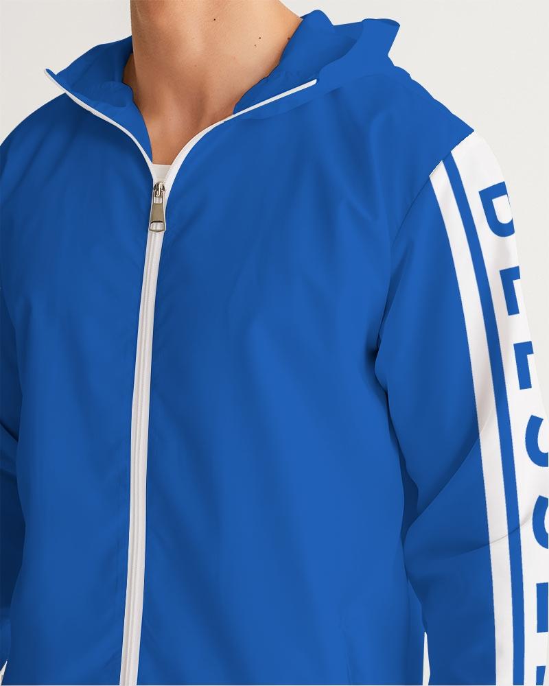 Men's Hooded Windbreaker in Blue with Blessed Sleeve Stripe, showcasing a stylish and functional design for windy and rainy weather.