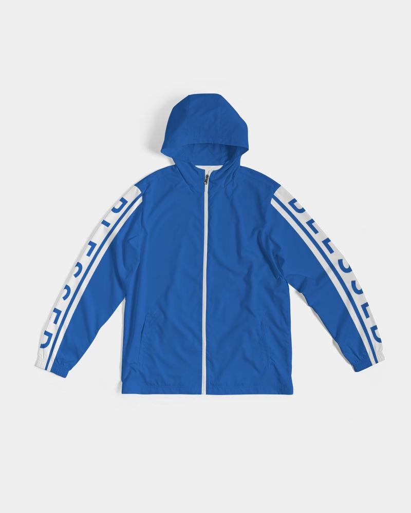 Men's Hooded Windbreaker in Blue with Blessed Sleeve Stripe, showcasing a stylish and functional design for windy and rainy weather.