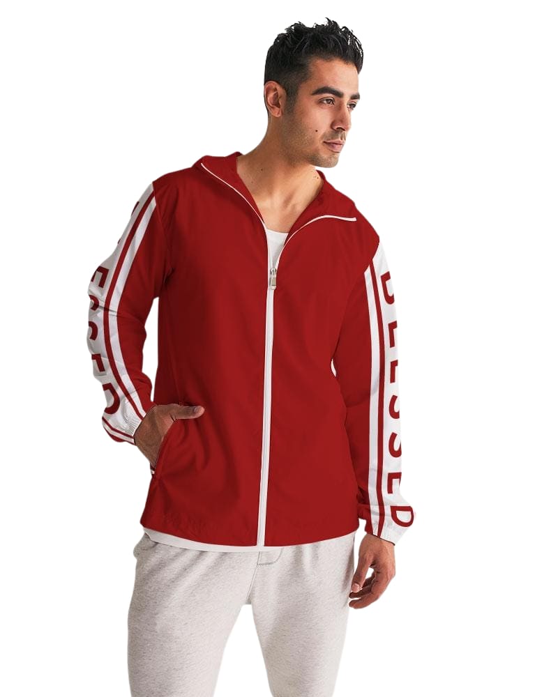 Men's Hooded Windbreaker in red with Blessed Sleeve Stripe design, showcasing its lightweight and water-resistant fabric.
