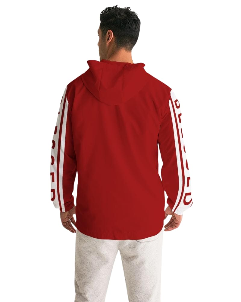 Men's Hooded Windbreaker in red with Blessed Sleeve Stripe design, showcasing its lightweight and water-resistant fabric.