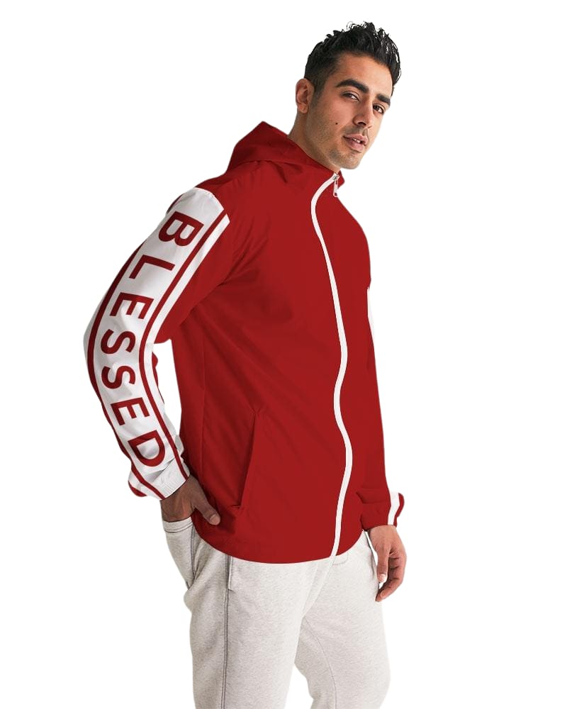 Men's Hooded Windbreaker in red with Blessed Sleeve Stripe design, showcasing its lightweight and water-resistant fabric.