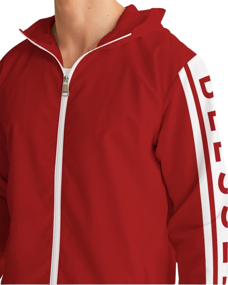 Men's Hooded Windbreaker in red with Blessed Sleeve Stripe design, showcasing its lightweight and water-resistant fabric.