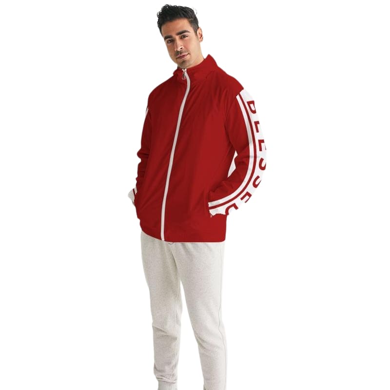 Men's Hooded Windbreaker in red with Blessed Sleeve Stripe design, showcasing its lightweight and water-resistant fabric.