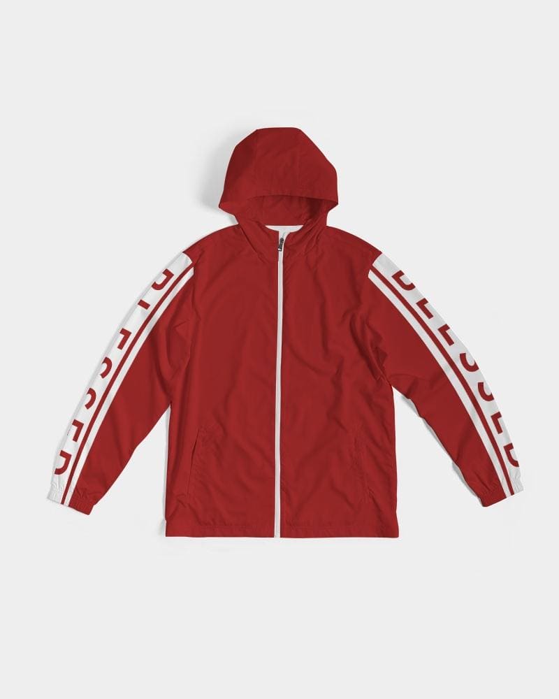 Men's Hooded Windbreaker in red with Blessed Sleeve Stripe design, showcasing its lightweight and water-resistant fabric.