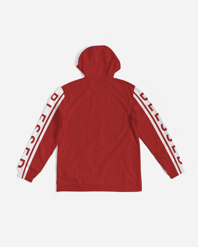 Men's Hooded Windbreaker in red with Blessed Sleeve Stripe design, showcasing its lightweight and water-resistant fabric.