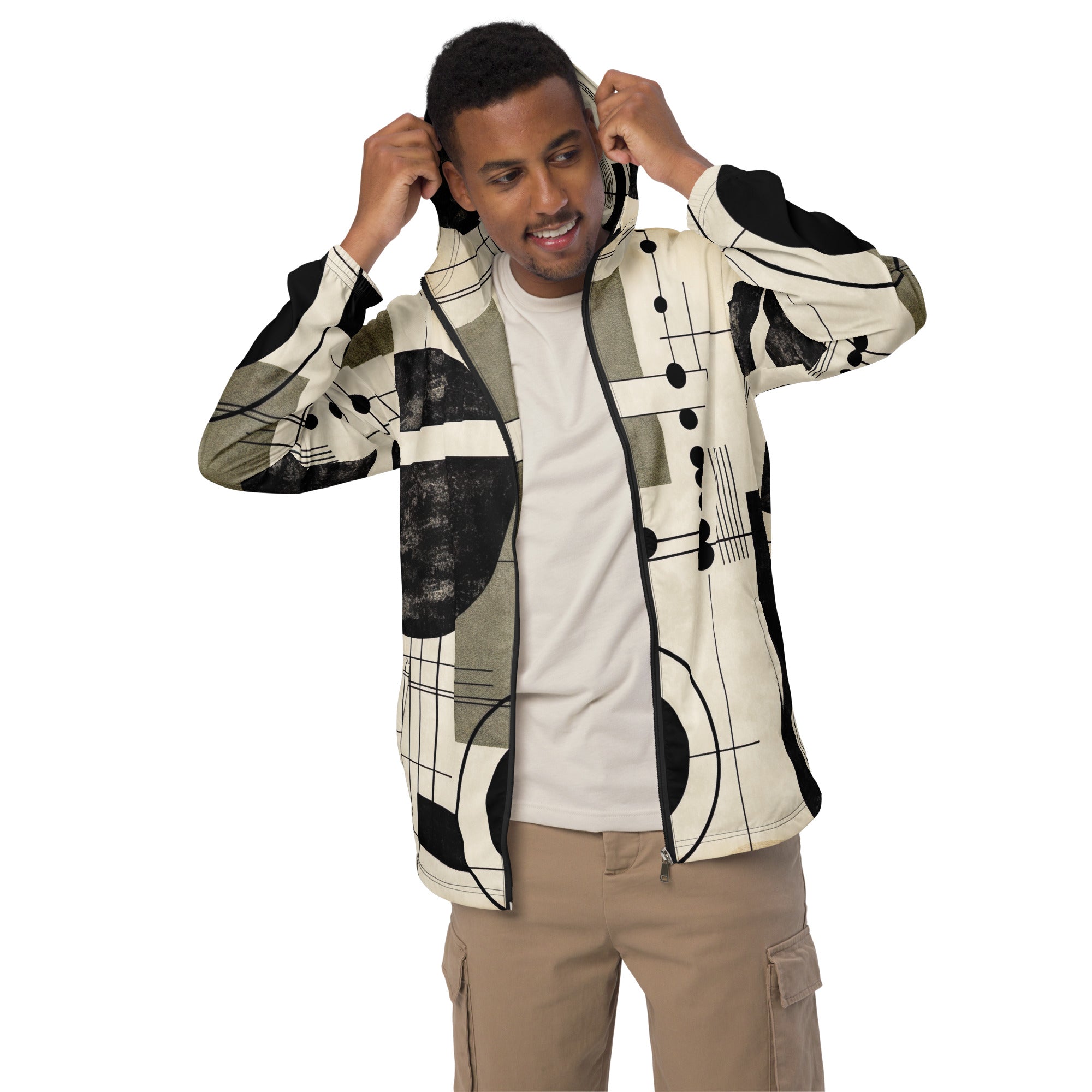 Men's Hooded Windbreaker Jacket in abstract black, beige, and brown geometric design, showcasing its lightweight and water-resistant features.