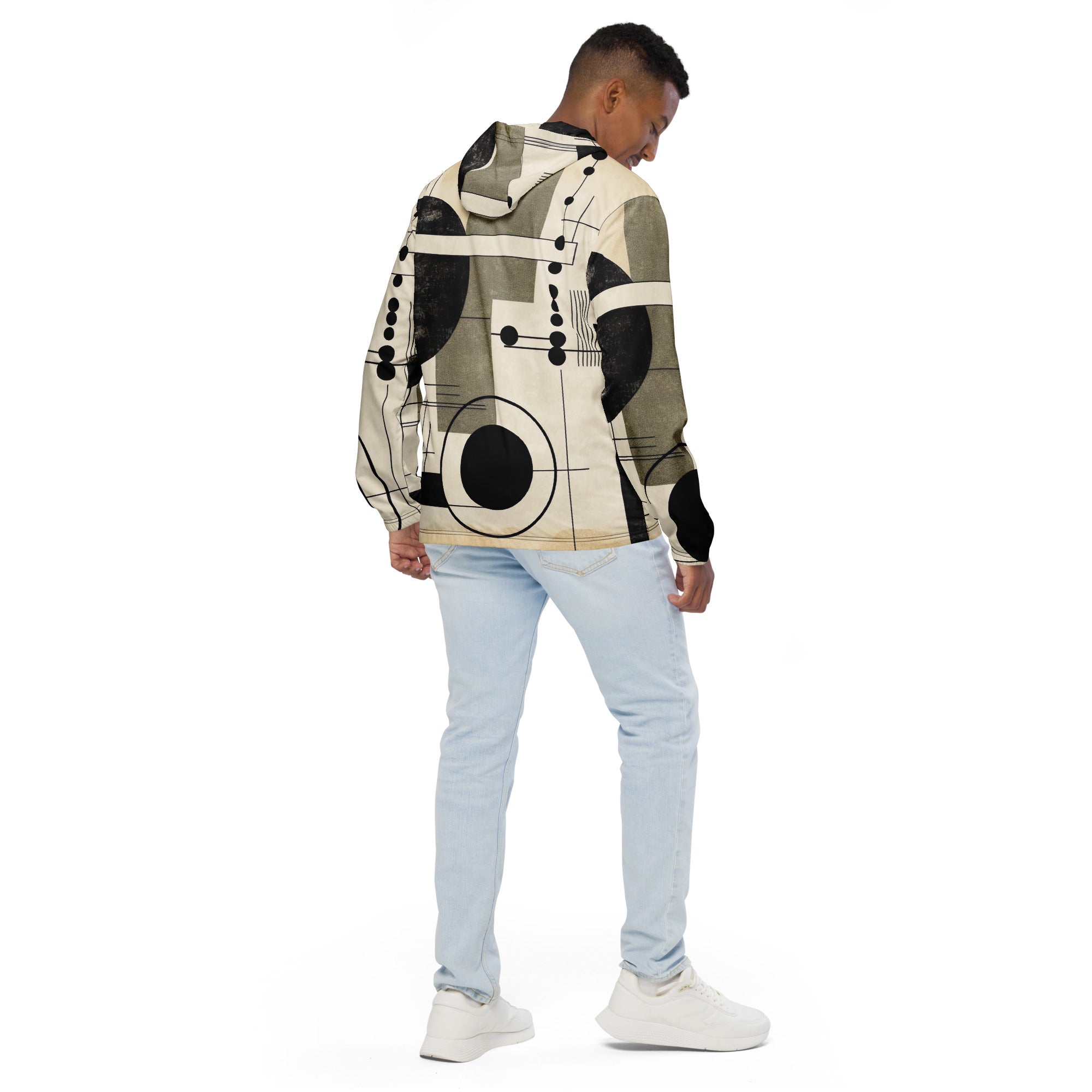 Men's Hooded Windbreaker Jacket in abstract black, beige, and brown geometric design, showcasing its lightweight and water-resistant features.