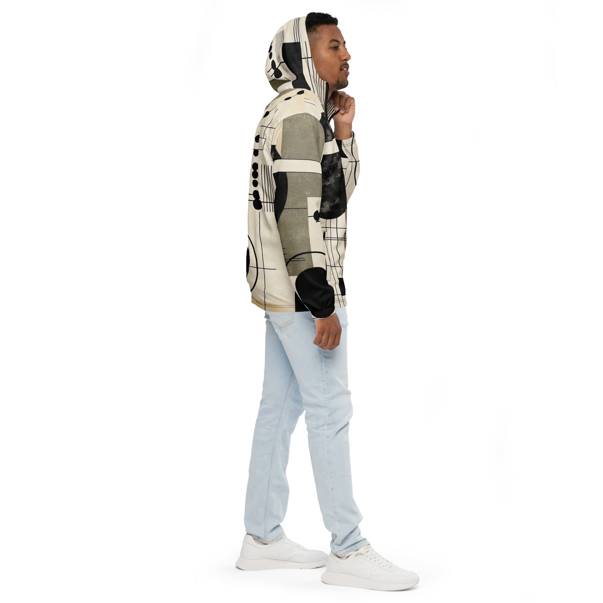 Men's Hooded Windbreaker Jacket in abstract black, beige, and brown geometric design, showcasing its lightweight and water-resistant features.