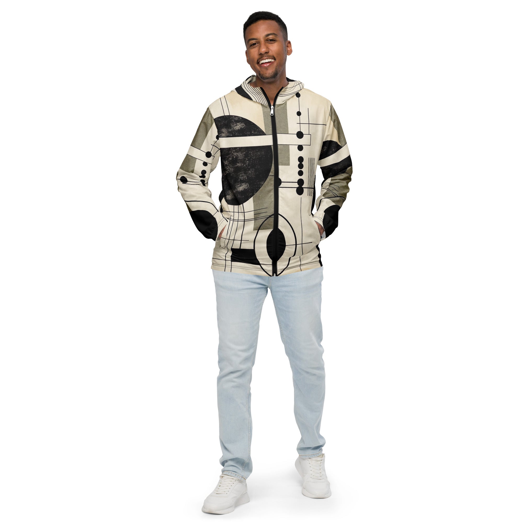 Men's Hooded Windbreaker Jacket in abstract black, beige, and brown geometric design, showcasing its lightweight and water-resistant features.