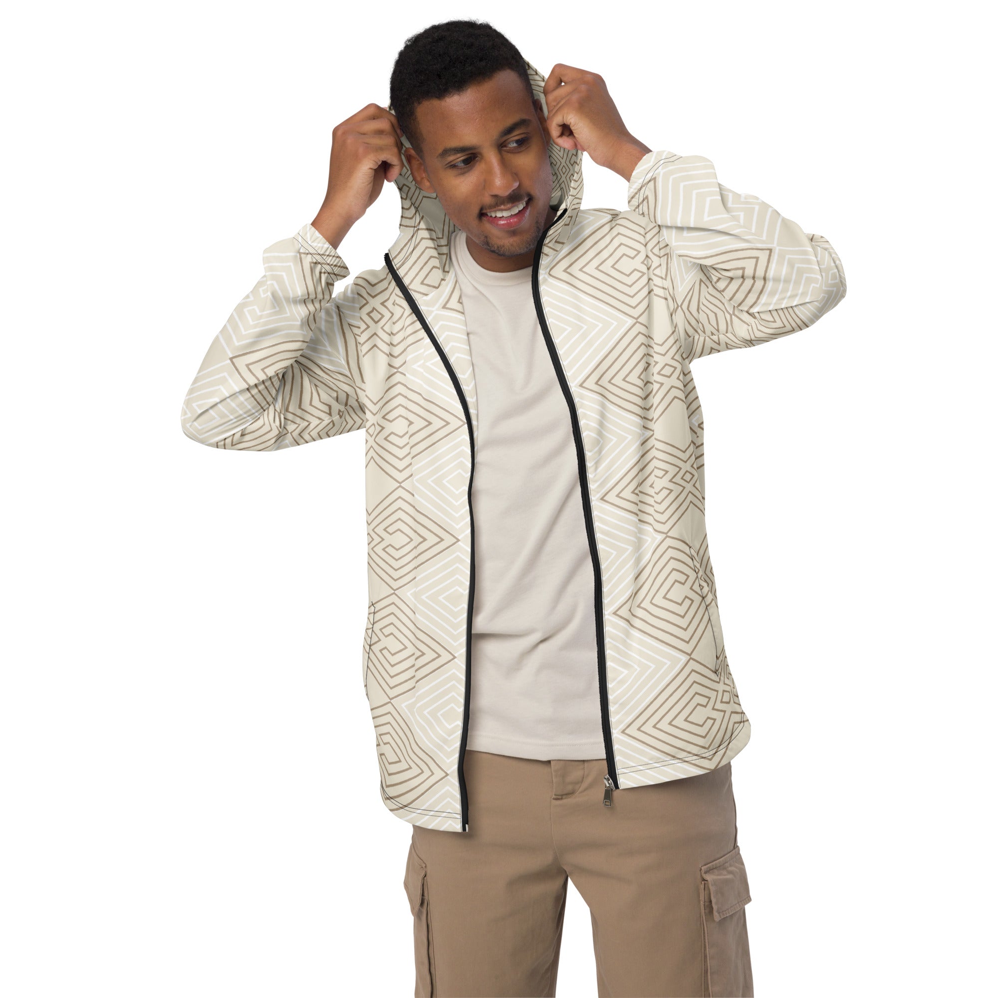 Men's Hooded Windbreaker Jacket in beige and brown with Aztec geometric lines, featuring a hood and side pockets.