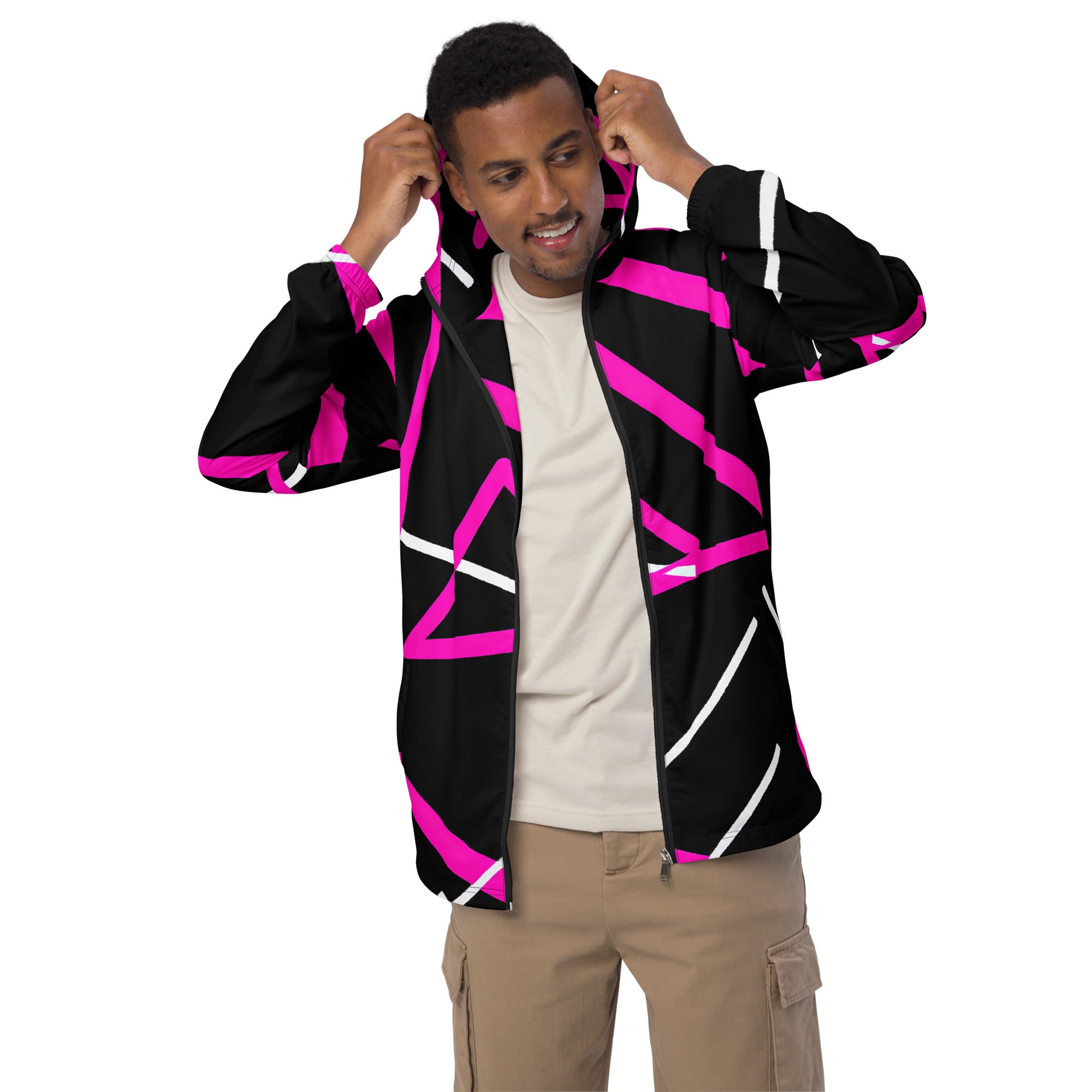Men's Hooded Windbreaker Jacket featuring a black and pink pattern, showcasing its lightweight design and functional elements like a hood and pockets.