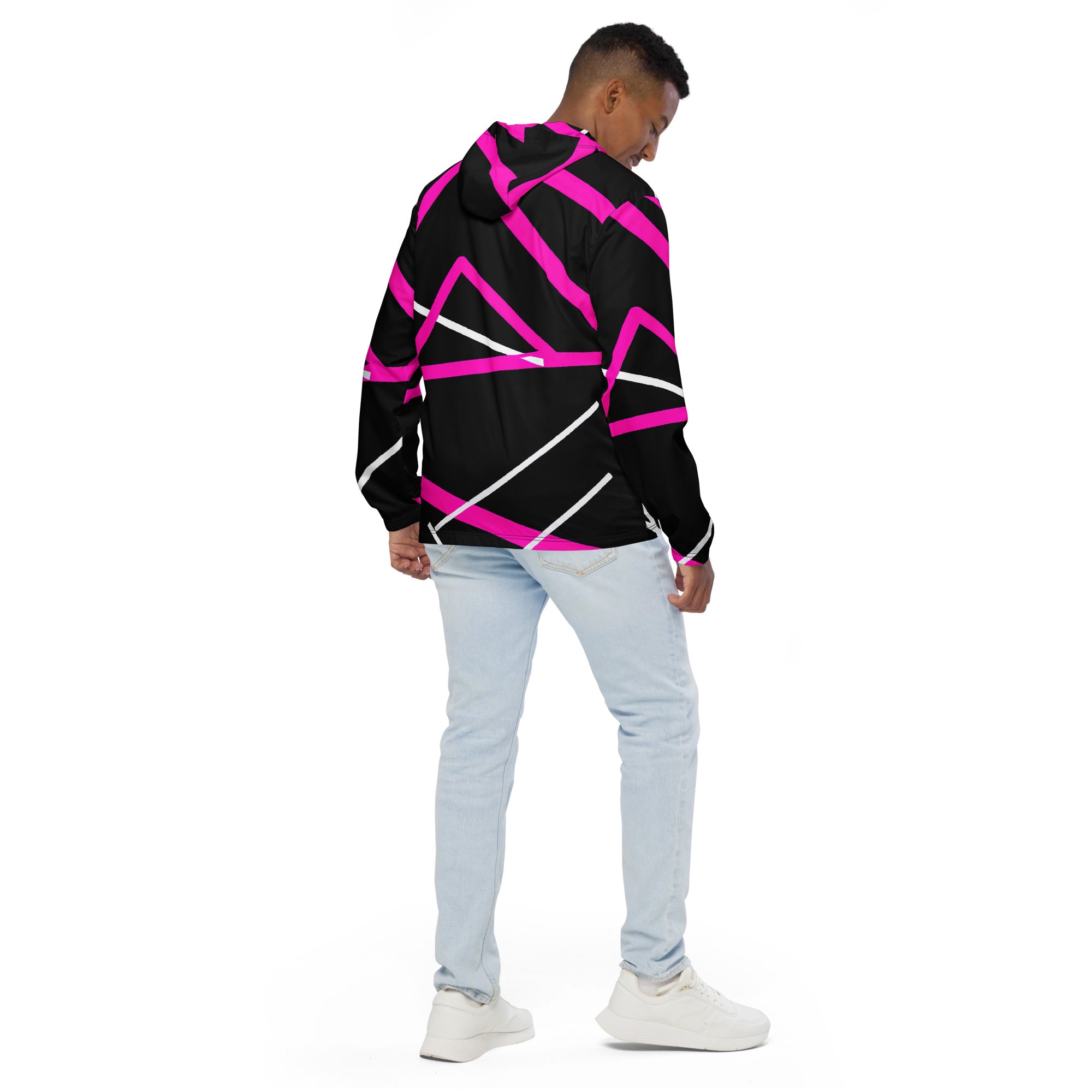 Men's Hooded Windbreaker Jacket featuring a black and pink pattern, showcasing its lightweight design and functional elements like a hood and pockets.