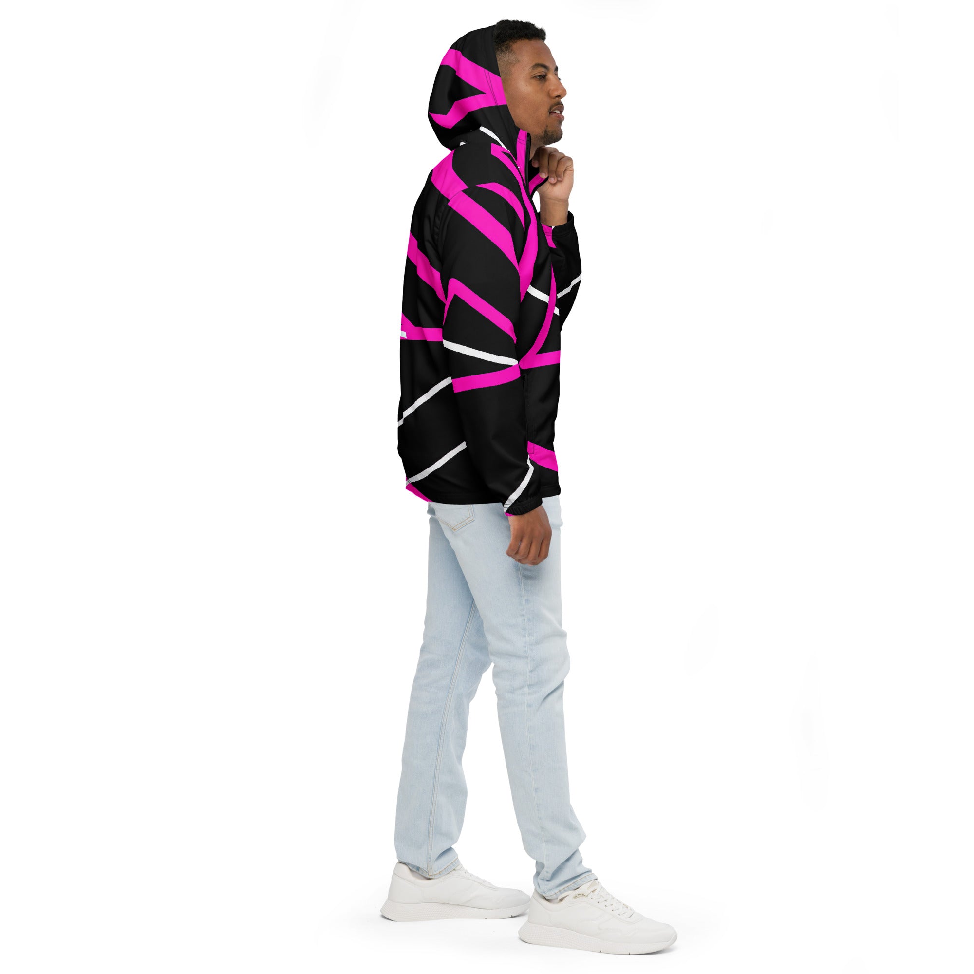 Men's Hooded Windbreaker Jacket featuring a black and pink pattern, showcasing its lightweight design and functional elements like a hood and pockets.
