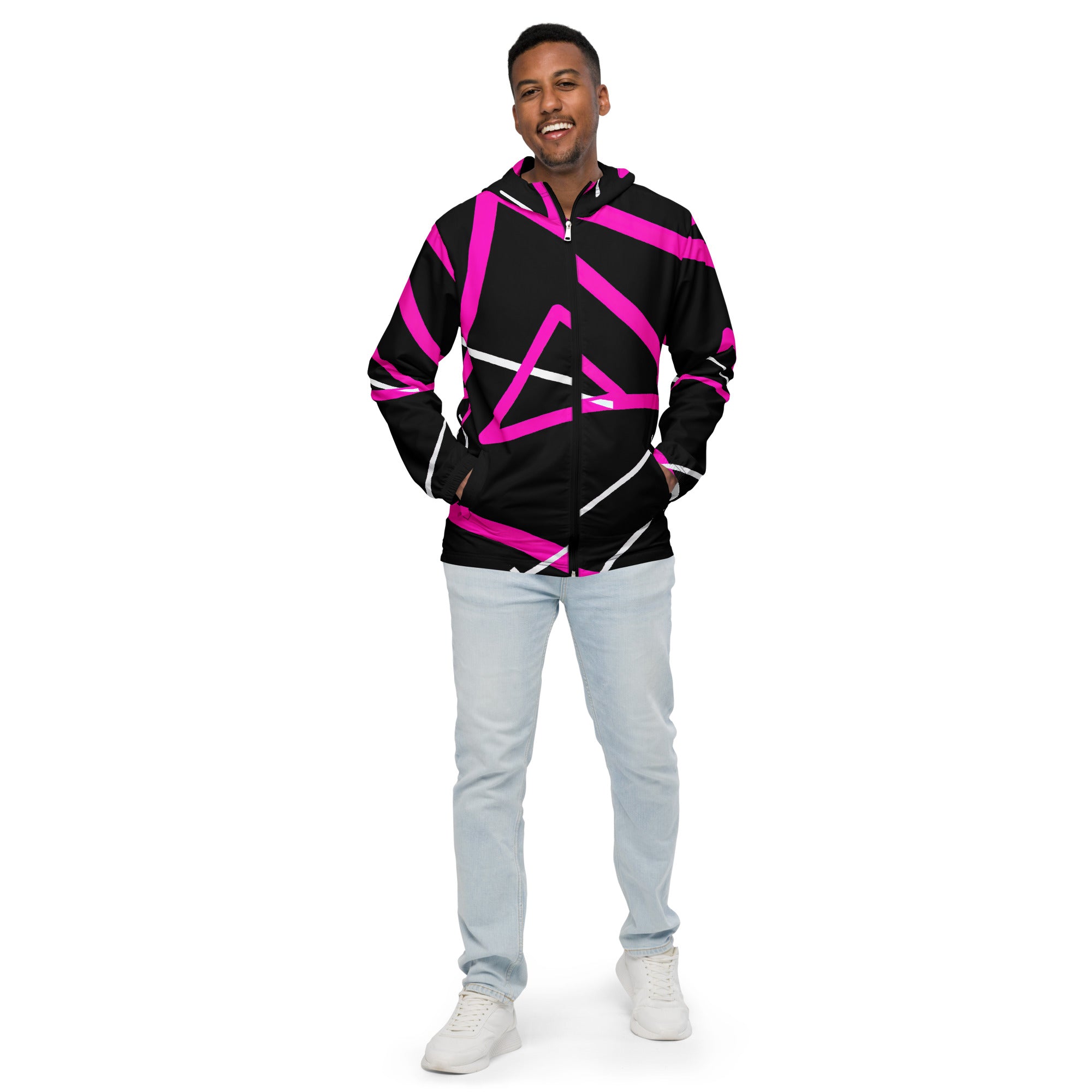 Men's Hooded Windbreaker Jacket featuring a black and pink pattern, showcasing its lightweight design and functional elements like a hood and pockets.