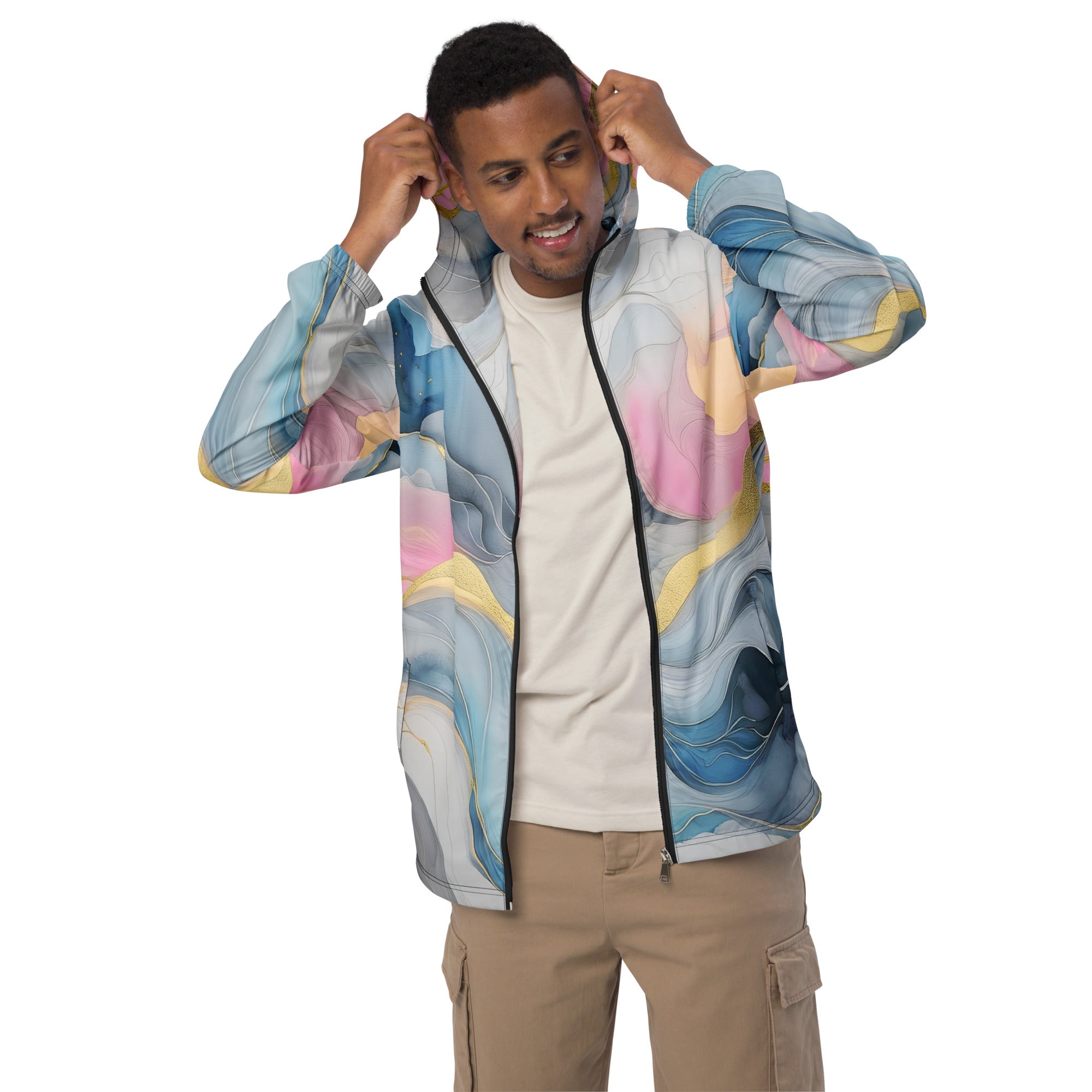 Men's Hooded Windbreaker Jacket in Marble Cloud of Grey Pink Blue, showcasing its lightweight design and stylish pattern.