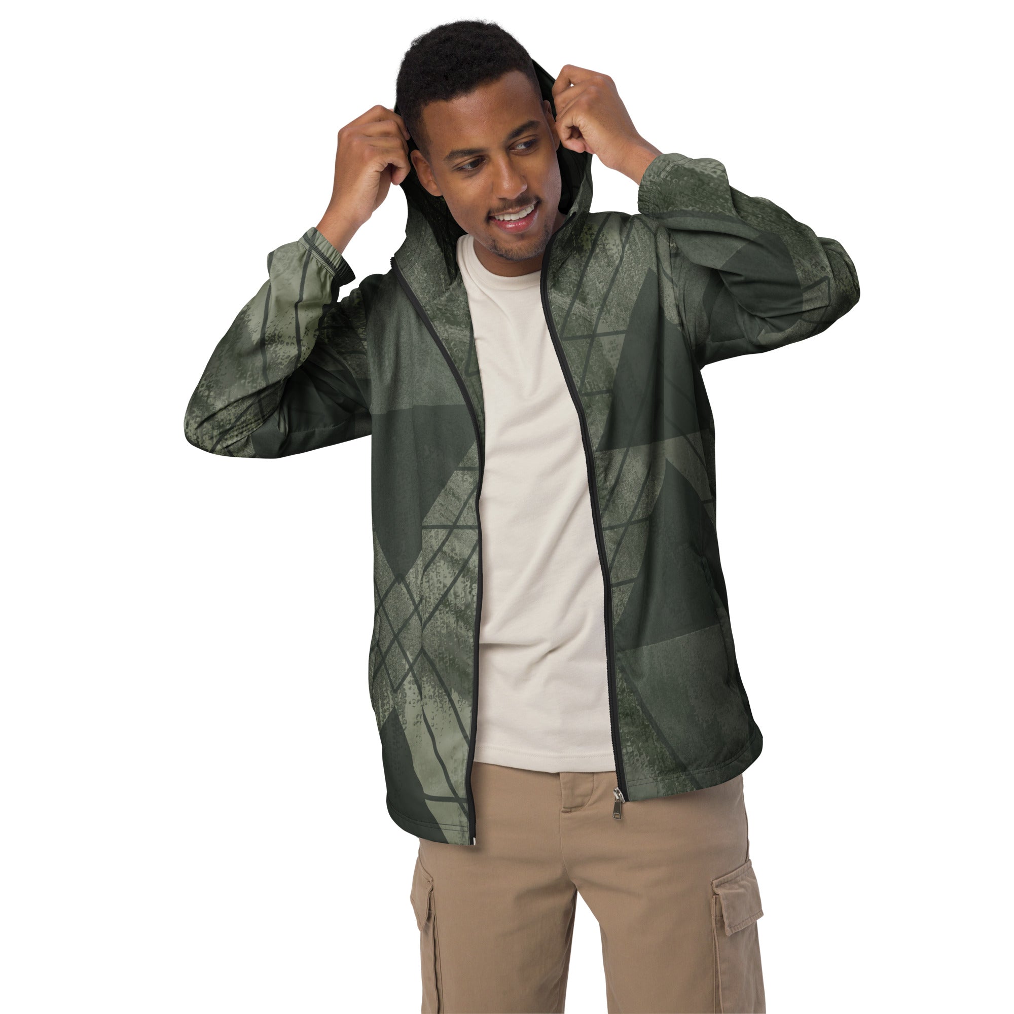 Men's Hooded Windbreaker Jacket in Olive Green with Triangular Colorblock design, featuring a hood, side pockets, and elastic cuffs.