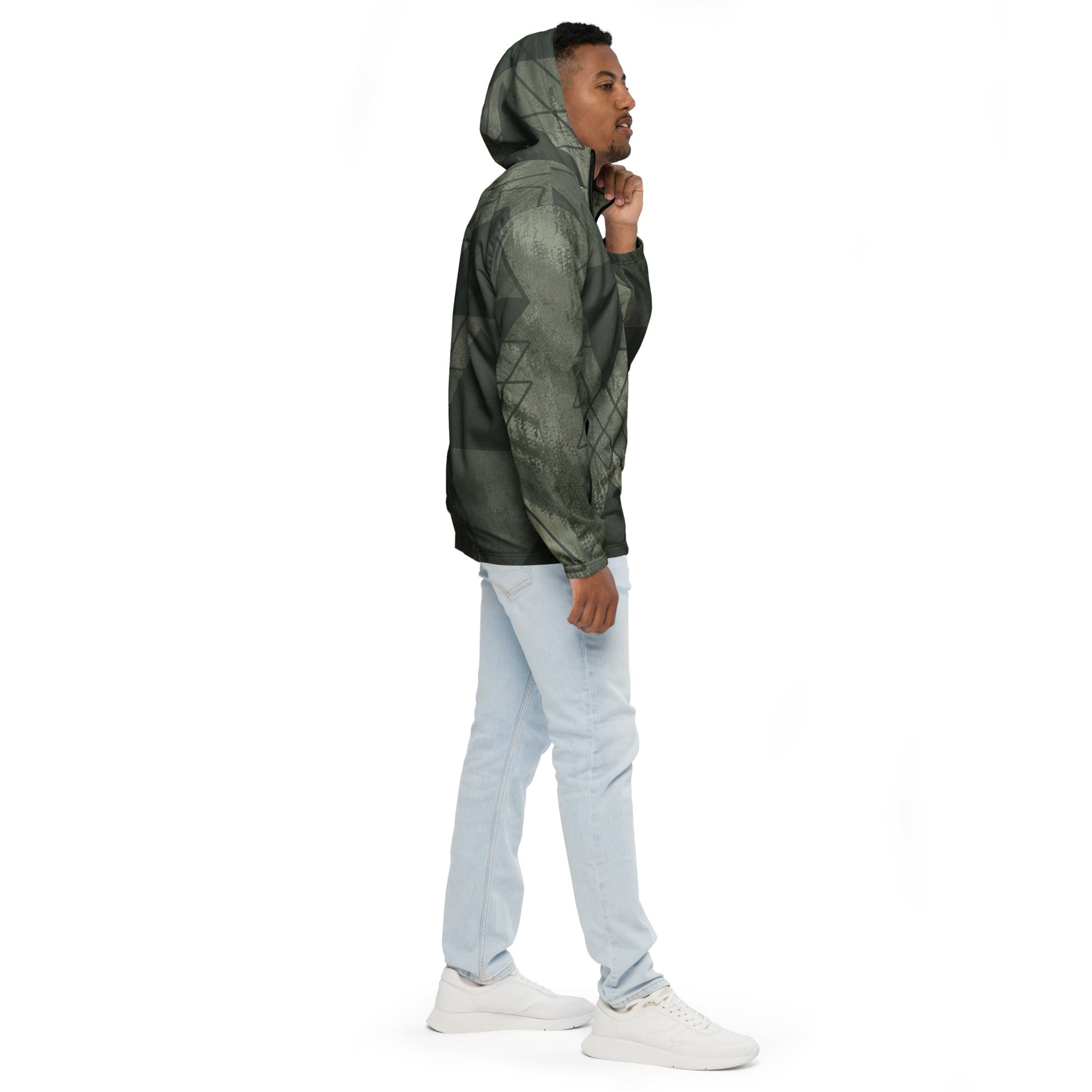 Men's Hooded Windbreaker Jacket in Olive Green with Triangular Colorblock design, featuring a hood, side pockets, and elastic cuffs.