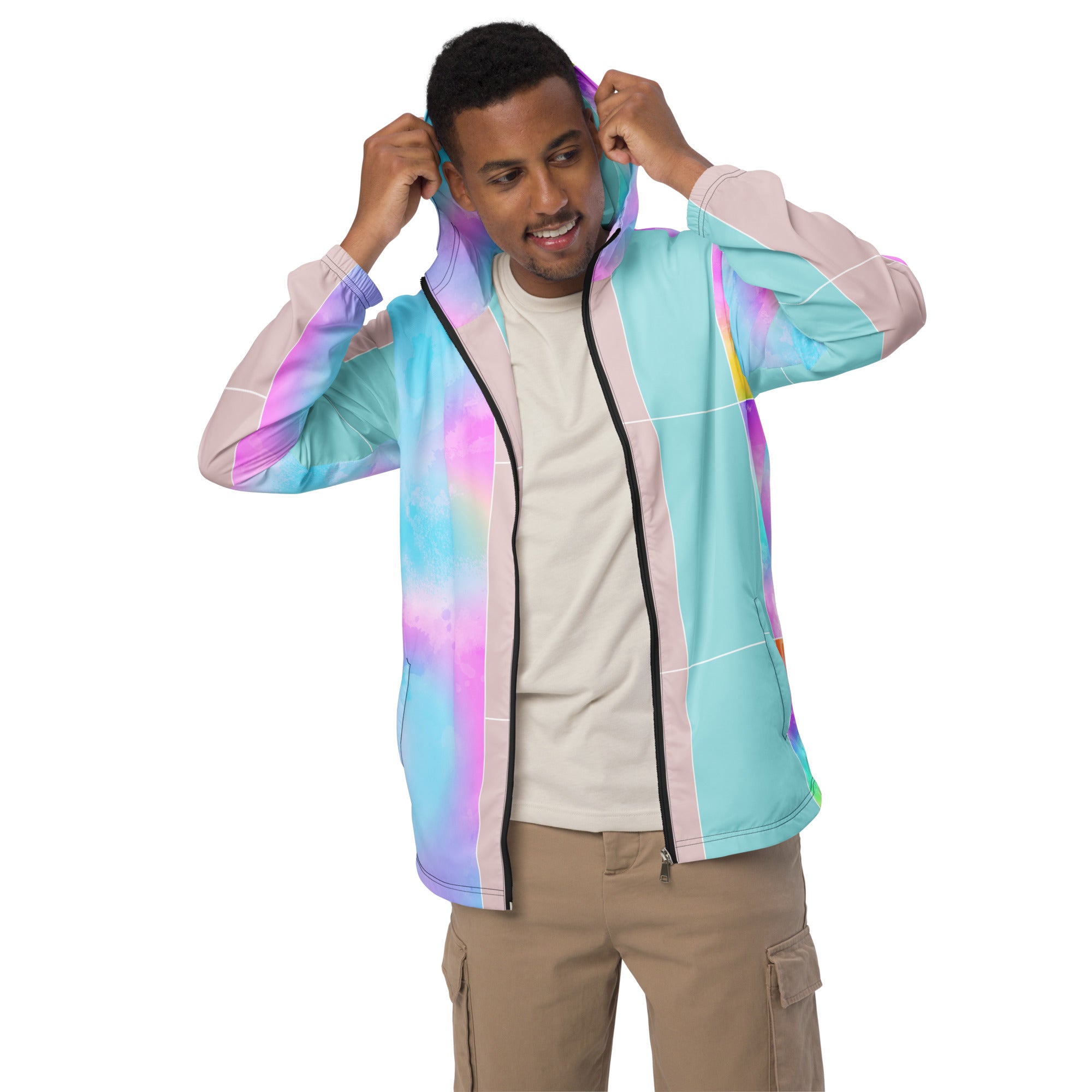 Men's Hooded Windbreaker Jacket featuring pastel colorblock watercolor design, showcasing its lightweight and stylish appearance.