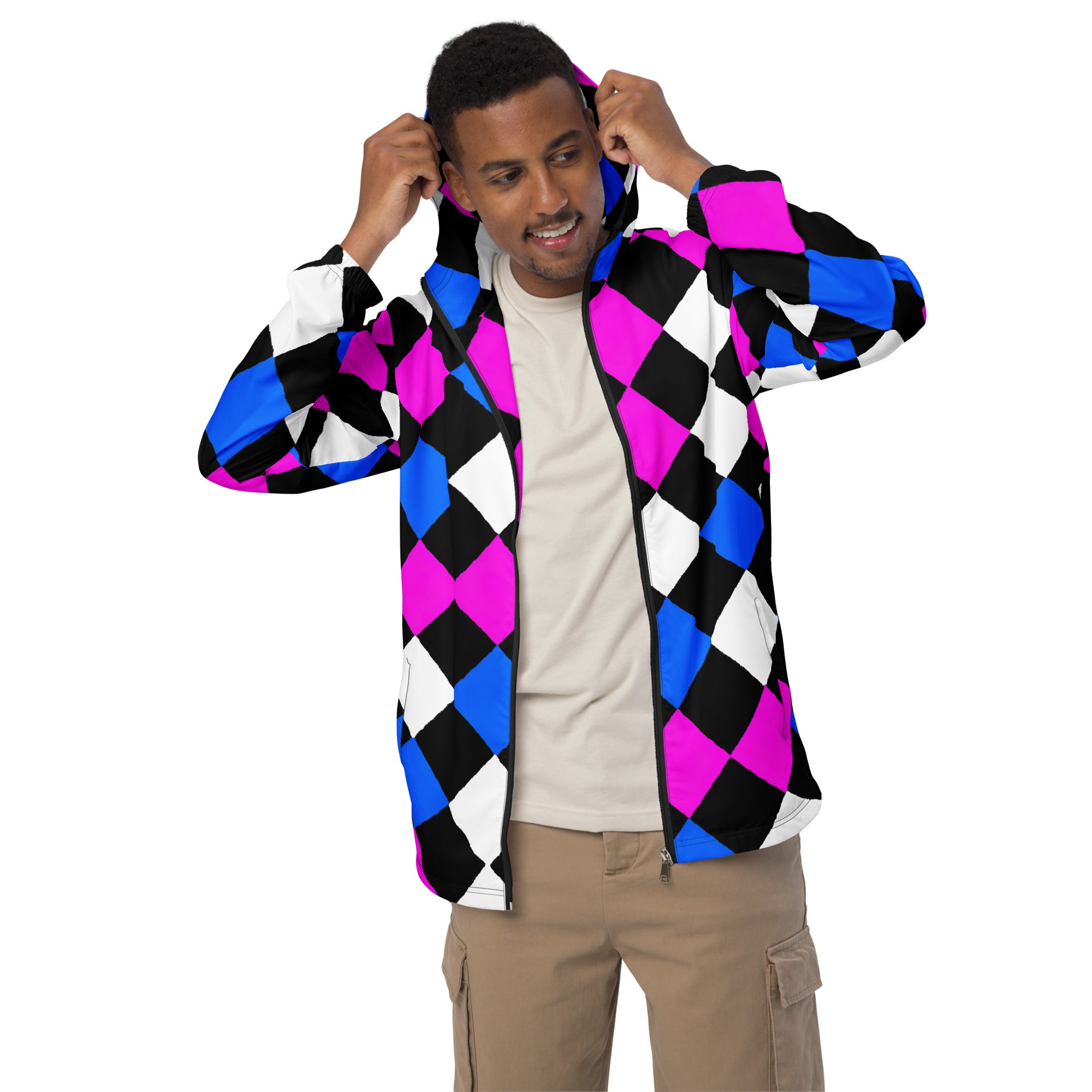 Mens Hooded Windbreaker Jacket featuring a pink blue checkered pattern, showcasing its lightweight and water-resistant fabric.