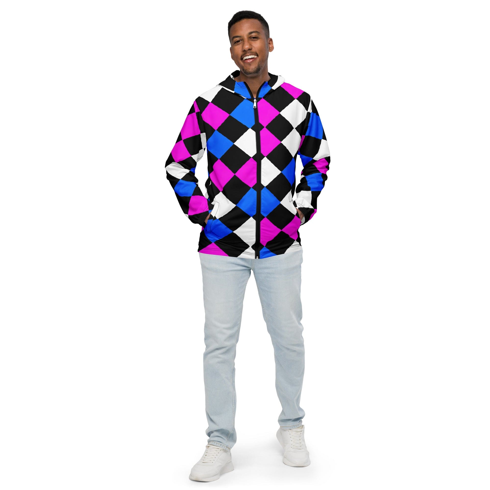 Mens Hooded Windbreaker Jacket featuring a pink blue checkered pattern, showcasing its lightweight and water-resistant fabric.