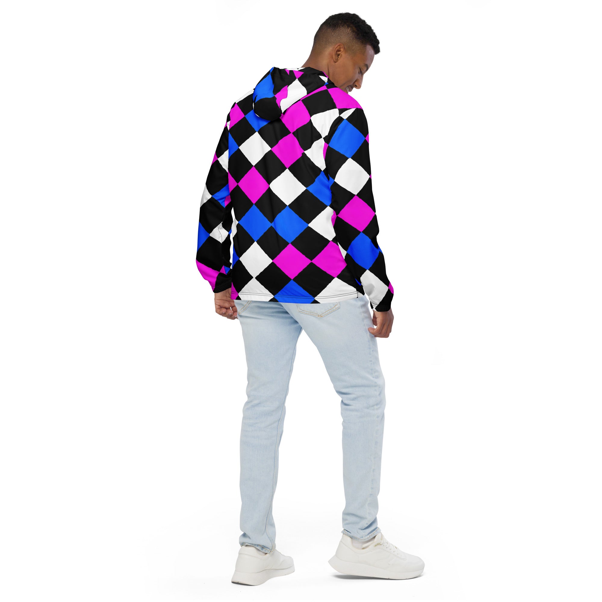 Mens Hooded Windbreaker Jacket featuring a pink blue checkered pattern, showcasing its lightweight and water-resistant fabric.