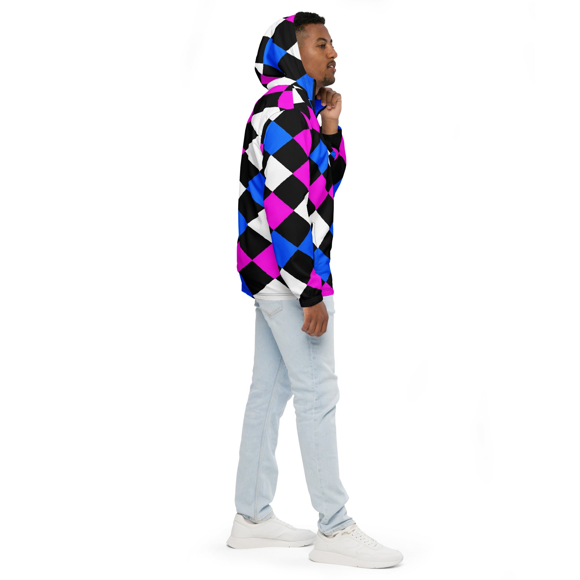 Mens Hooded Windbreaker Jacket featuring a pink blue checkered pattern, showcasing its lightweight and water-resistant fabric.
