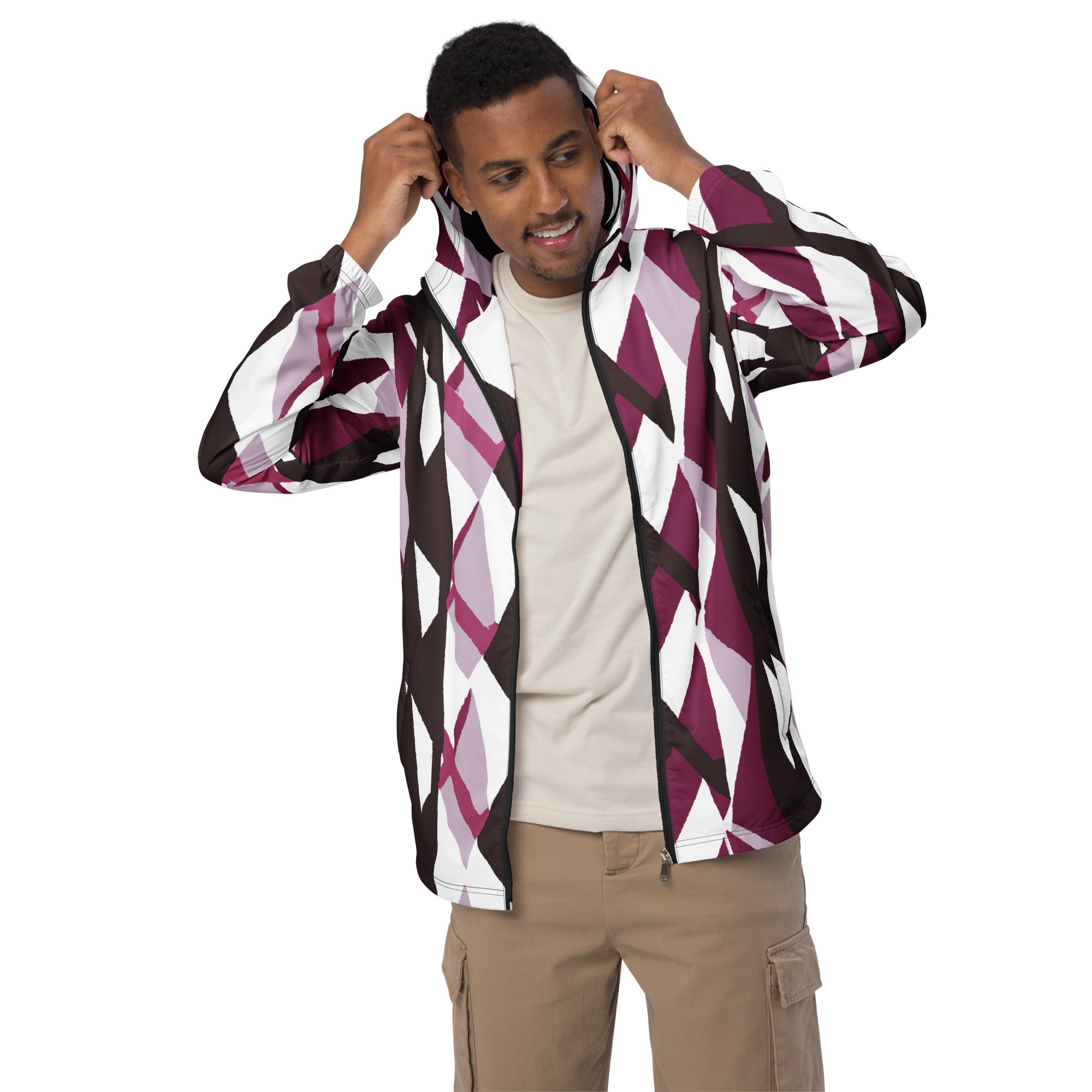 Mens Hooded Windbreaker Jacket in Pink Mauve Pattern, showcasing its lightweight fabric and stylish design.