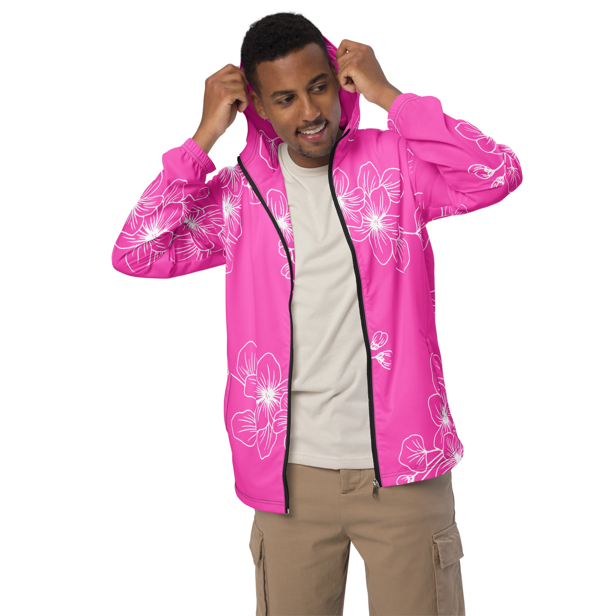 Men's hooded windbreaker jacket in pink floral pattern, showcasing water-resistant fabric and breathable mesh lining.