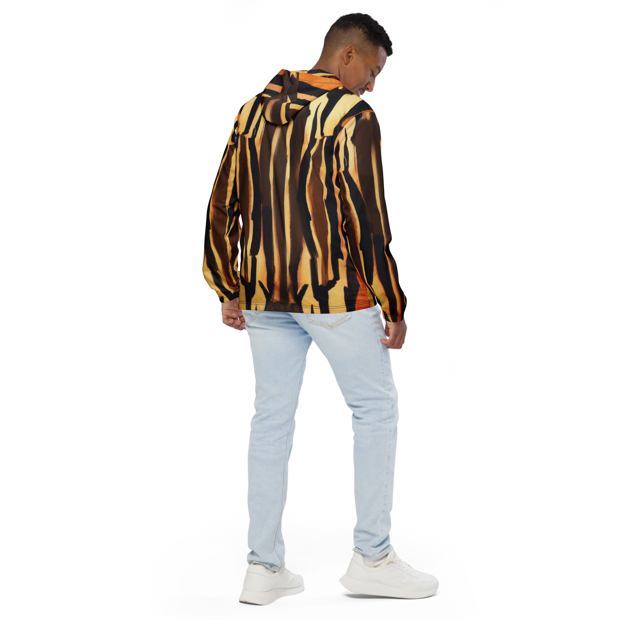 Mens Hooded Windbreaker Jacket featuring Zorse Lines Print, showcasing its lightweight design and stylish geometric pattern.