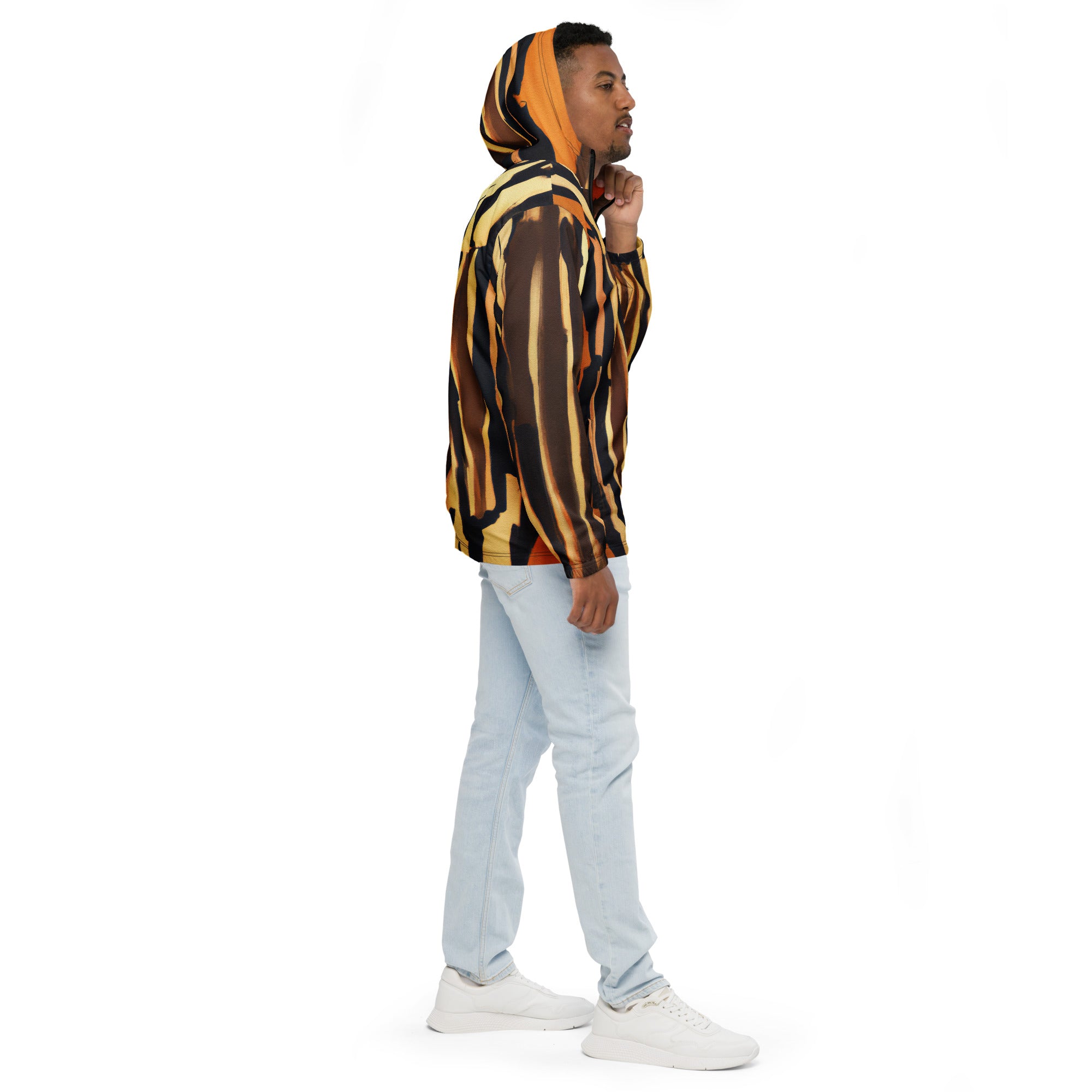 Mens Hooded Windbreaker Jacket featuring Zorse Lines Print, showcasing its lightweight design and stylish geometric pattern.