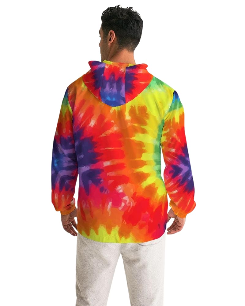 Men's Hooded Windbreaker in vibrant Rainbow Tie-dye, showcasing its lightweight and water-resistant fabric.