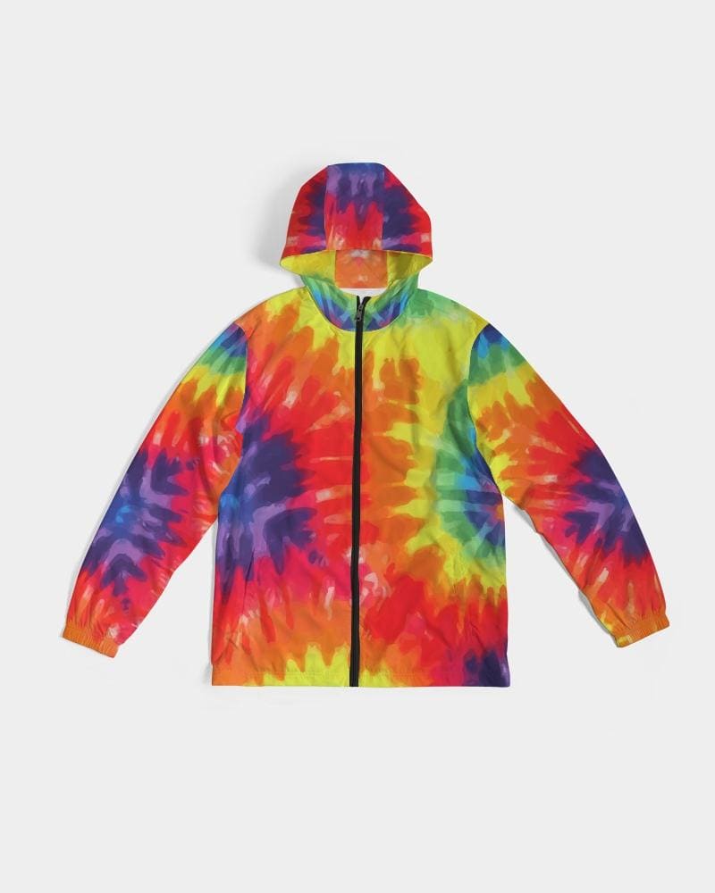 Men's Hooded Windbreaker in vibrant Rainbow Tie-dye, showcasing its lightweight and water-resistant fabric.