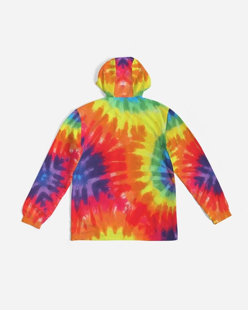 Men's Hooded Windbreaker in vibrant Rainbow Tie-dye, showcasing its lightweight and water-resistant fabric.