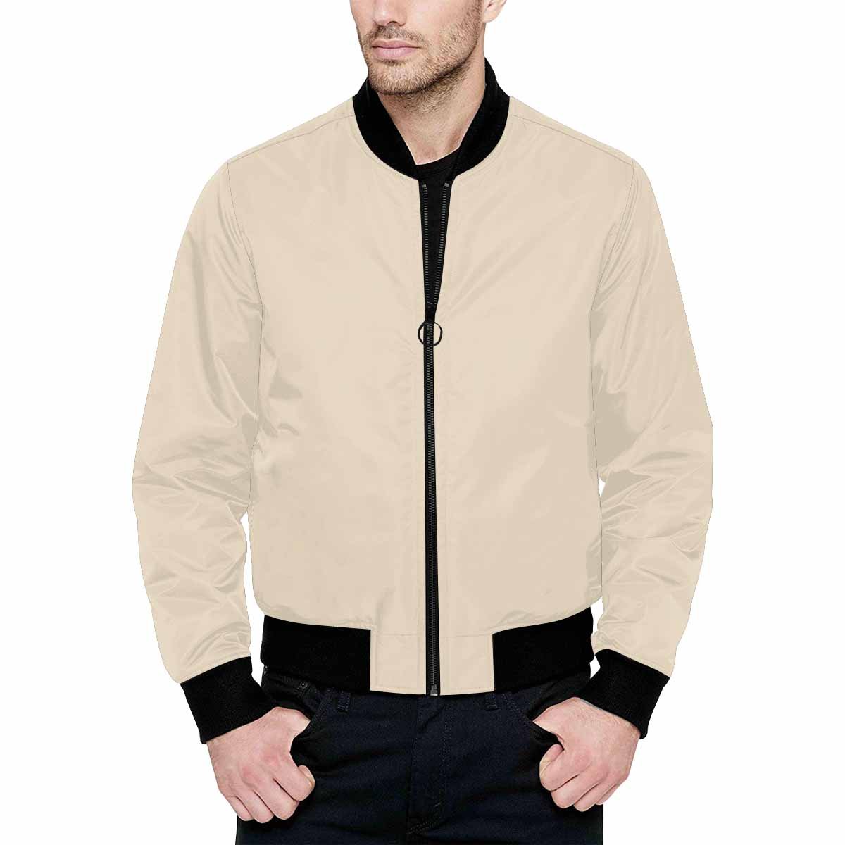Men's Champagne Beige and Black Bomber Jacket featuring a quilted lining and personalized print design.