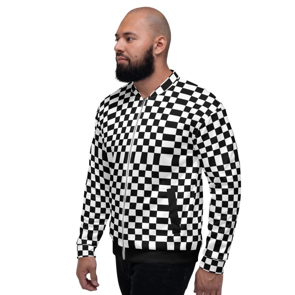 Mens Checkered Colorblock Bomber Jacket in Black and White, featuring a stylish design with brushed fleece lining and two front pockets.