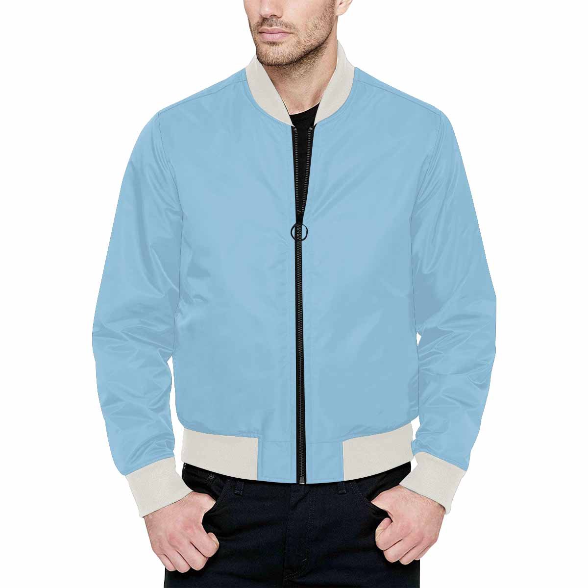 Mens Cornflower Blue Bomber Jacket with quilted lining and stylish design, featuring a zipper and pouch pockets.