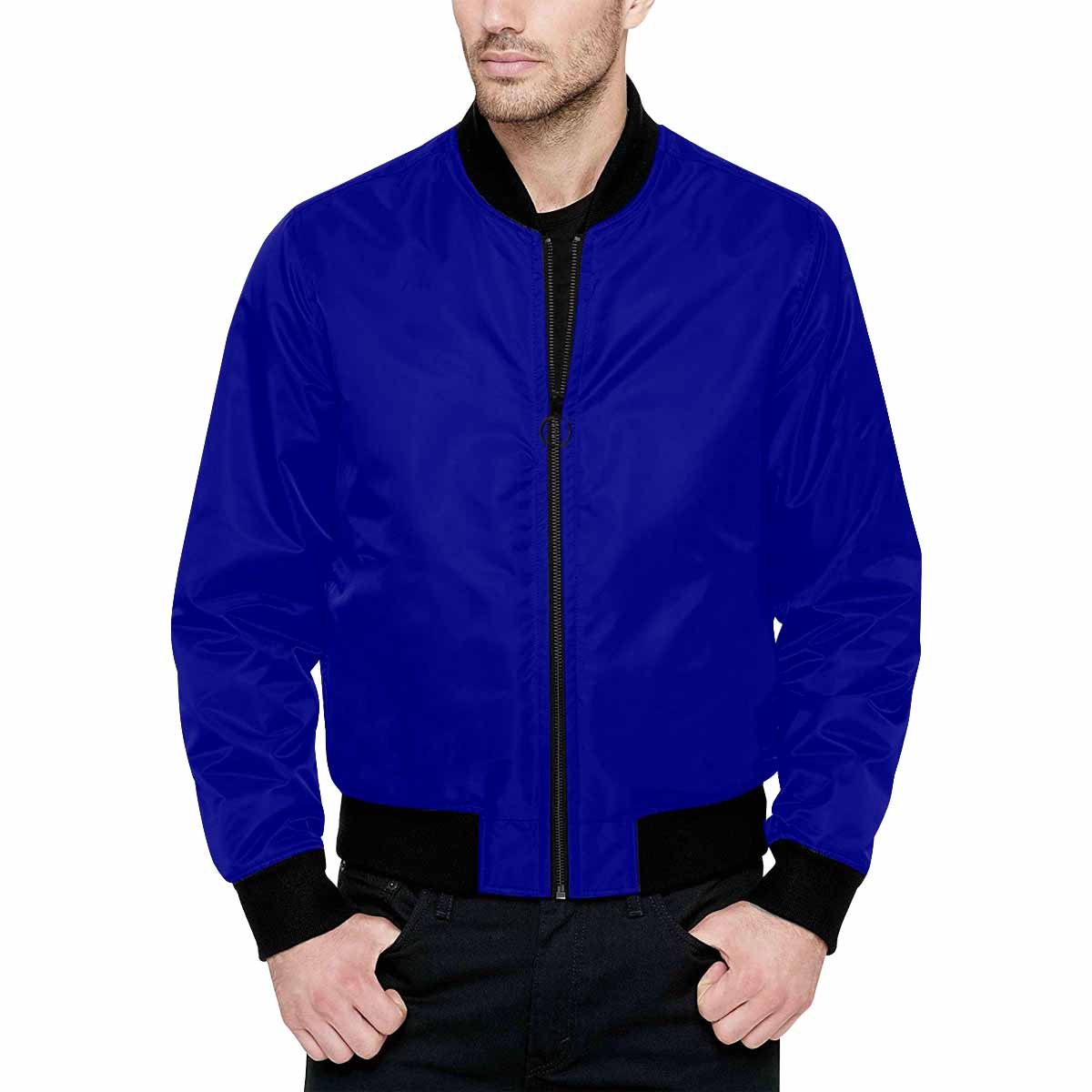 Men's Dark Blue and Black Bomber Jacket featuring quilted lining and stylish all-over print design.