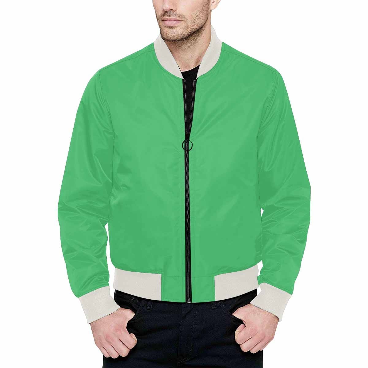 Men's Emerald Green Bomber Jacket featuring quilted lining and stylish design with zipper closure and pouch pockets.