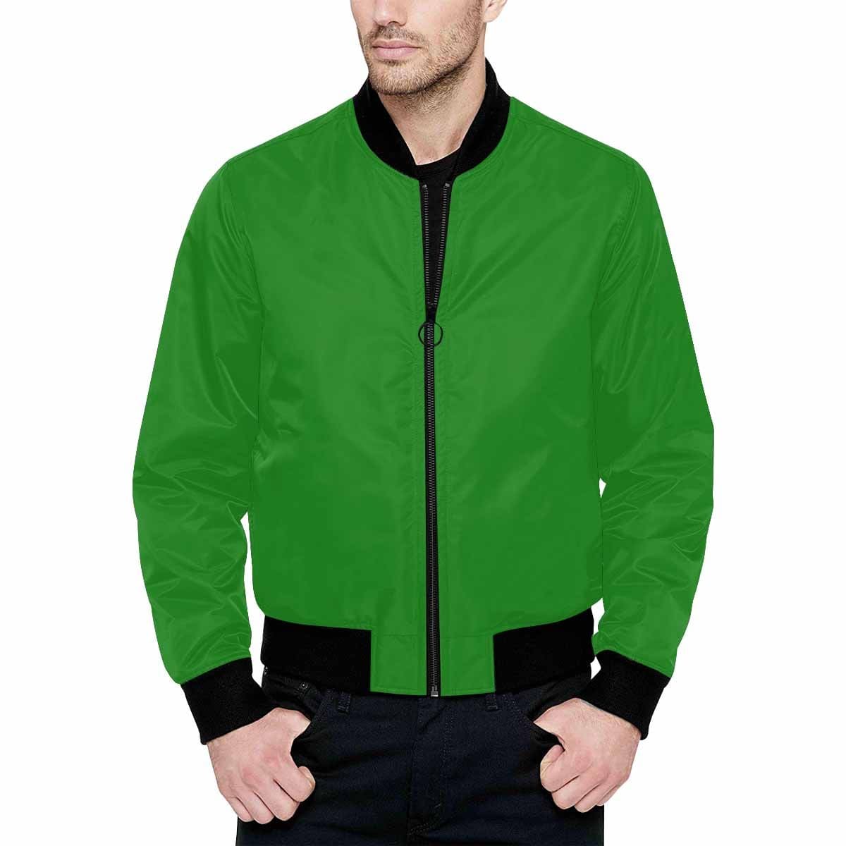 Mens Forest Green and Black Bomber Jacket with quilted lining and personalized print, featuring a classic zipper and pouch pockets.