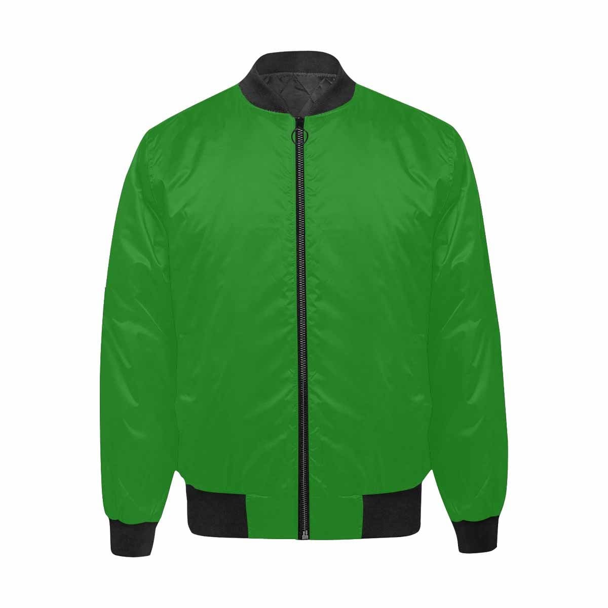 Mens Forest Green and Black Bomber Jacket with quilted lining and personalized print, featuring a classic zipper and pouch pockets.