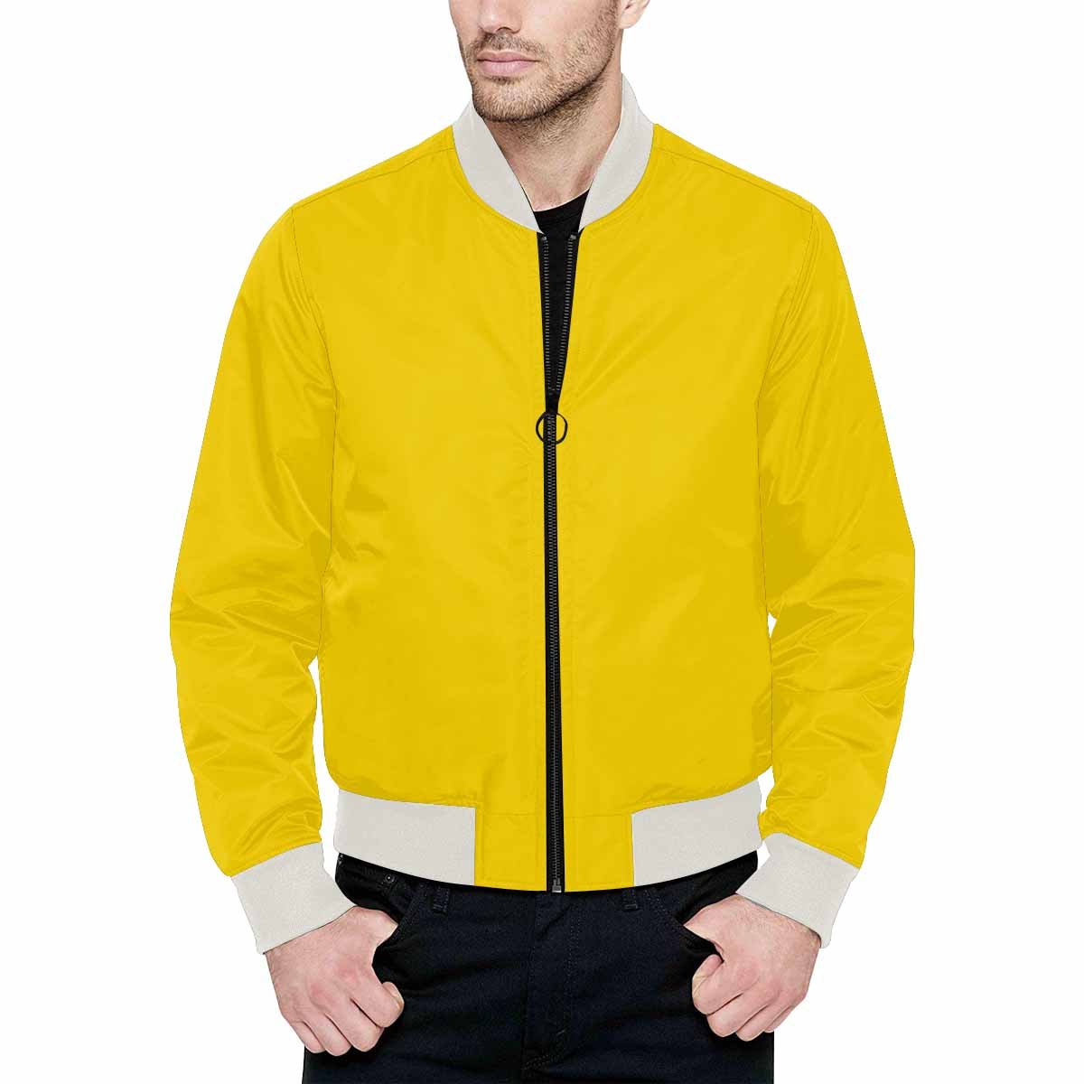 Men's Gold Yellow Bomber Jacket with quilted lining and stylish design, featuring a zipper and pouch pockets.