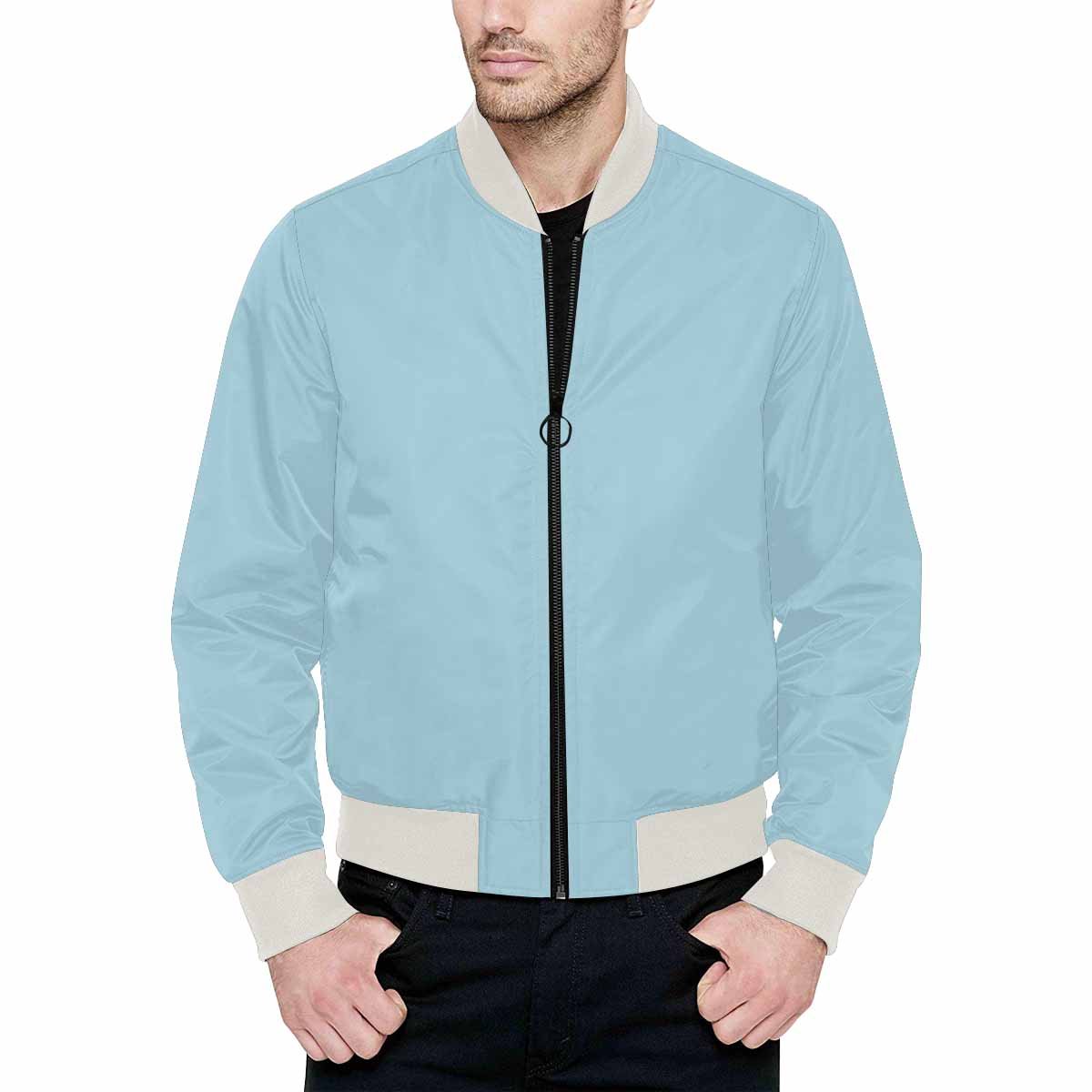 Men's light blue bomber jacket with quilted lining and zipper closure, featuring personalized all-over print and pouch pockets.