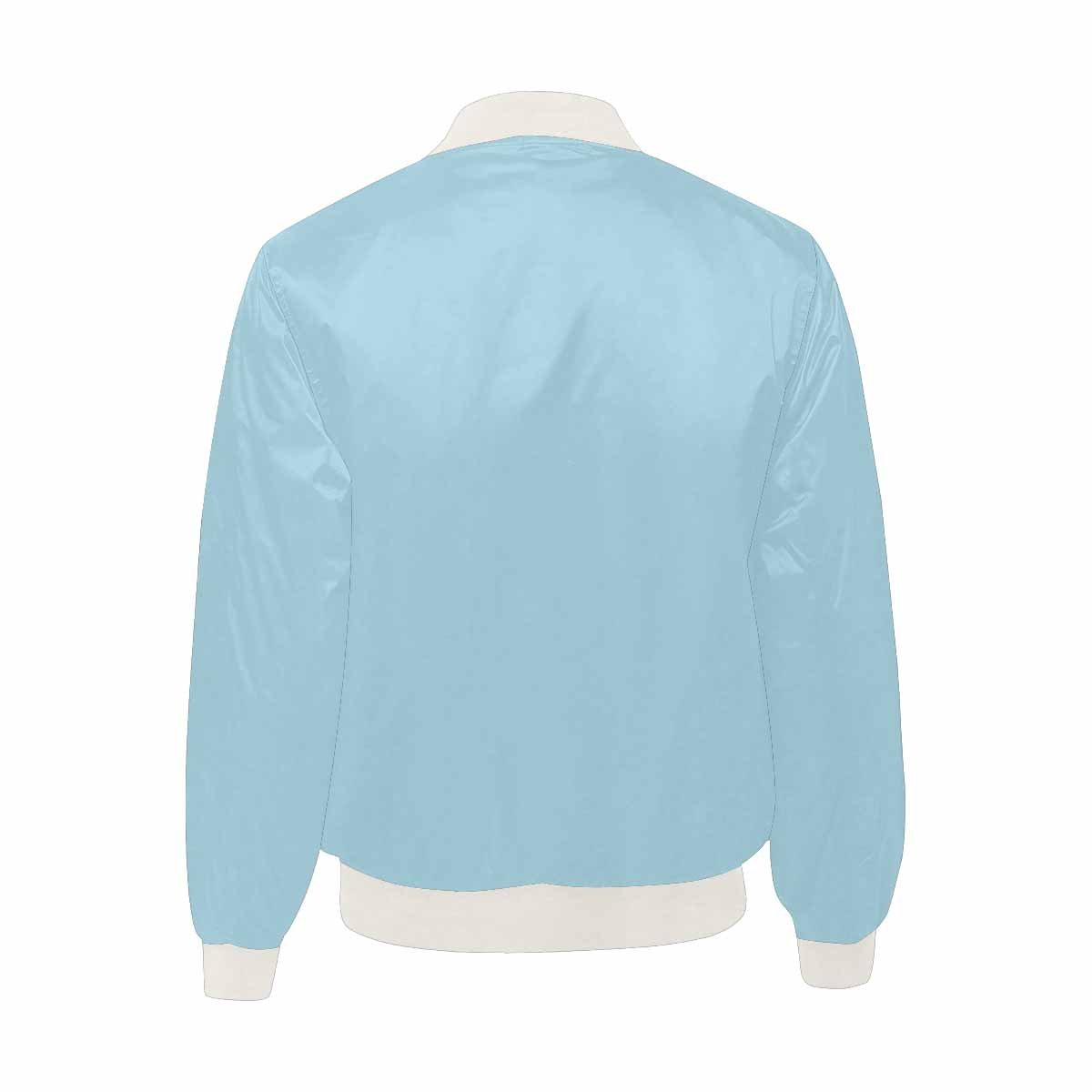 Men's light blue bomber jacket with quilted lining and zipper closure, featuring personalized all-over print and pouch pockets.