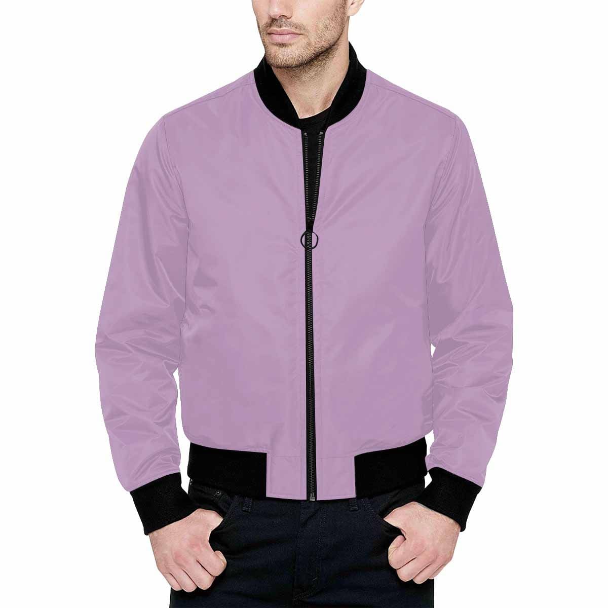 Men's lilac purple and black bomber jacket with quilted lining and zipper closure, featuring stylish all-over print and pouch pockets.