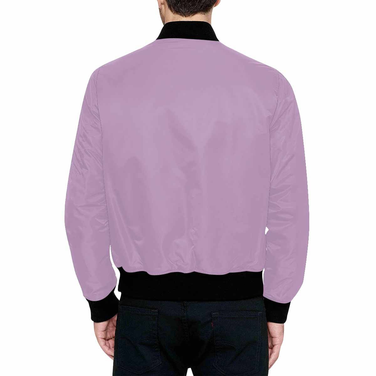 Men's lilac purple and black bomber jacket with quilted lining and zipper closure, featuring stylish all-over print and pouch pockets.