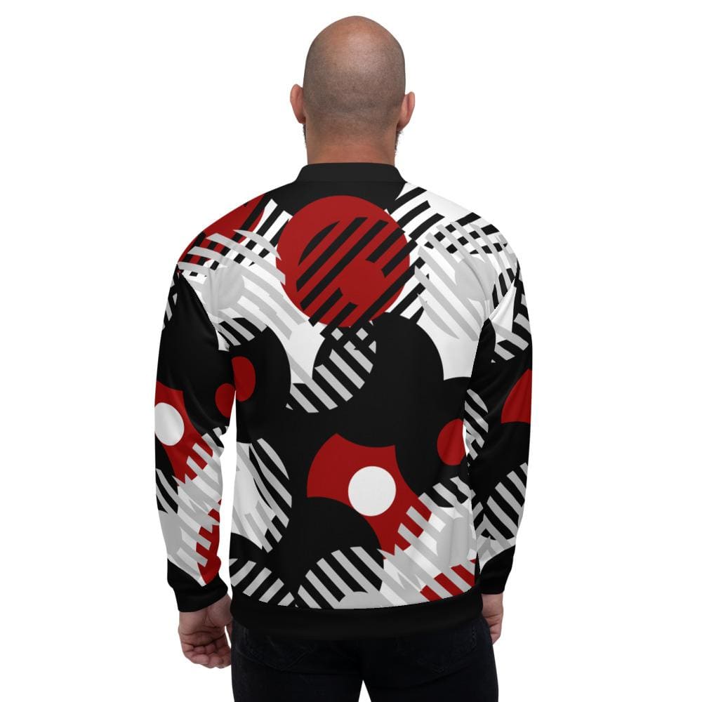 Mens Retro Geometric Style Bomber Jacket in vibrant red and multicolor, featuring brushed fleece lining and stylish geometric patterns.