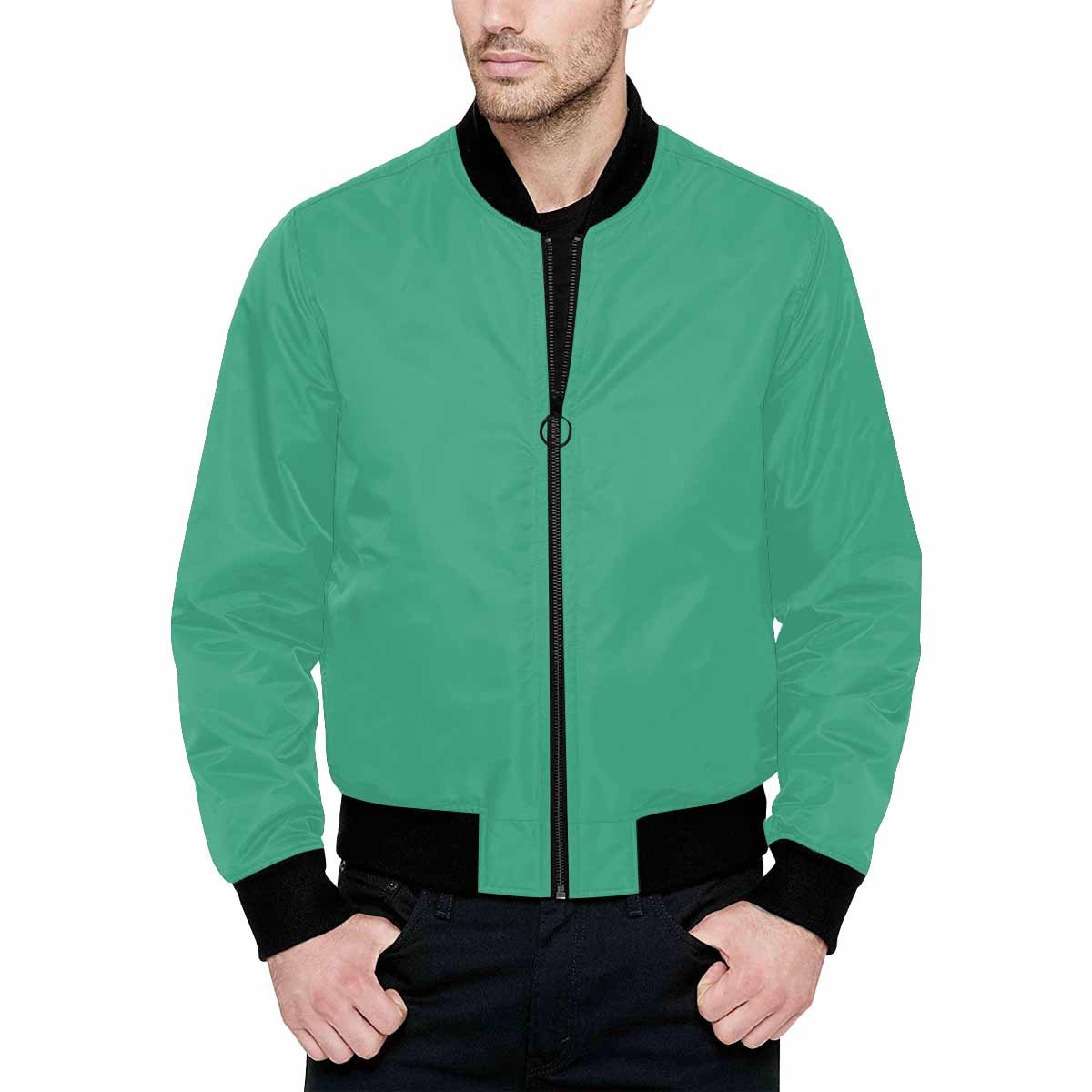 Mens Spearmint Green and Black Bomber Jacket with quilted lining and zipper closure, featuring personalized all-over print and pouch pockets.