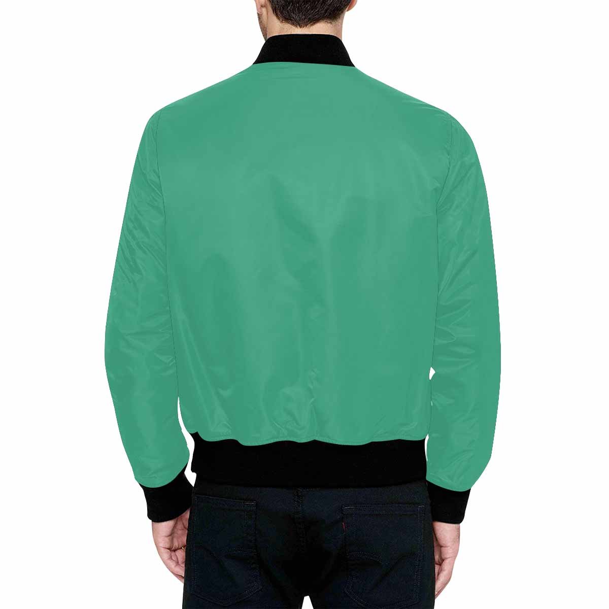 Mens Spearmint Green and Black Bomber Jacket with quilted lining and zipper closure, featuring personalized all-over print and pouch pockets.